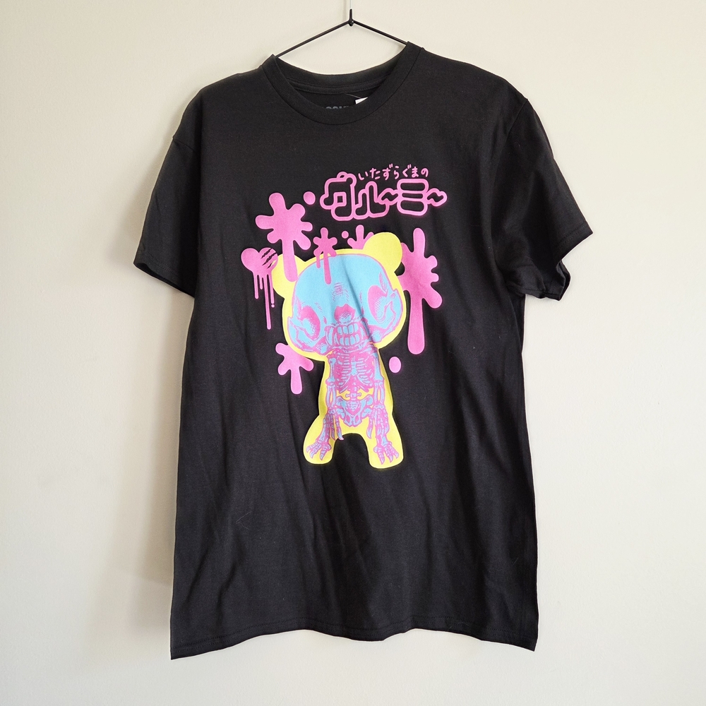 Hot Topic Black Tee with Pink, Blue & Yellow Graphic